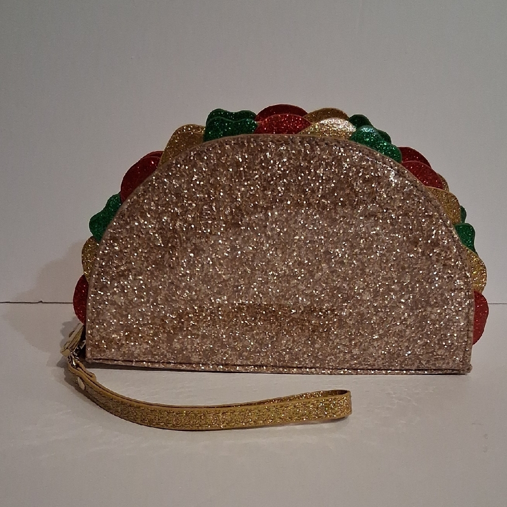 Charming Charlie Taco Purse - Glittery Gold and Multicolor Wristlet Clutch